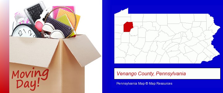 moving day; Venango County, Pennsylvania highlighted in red on a map