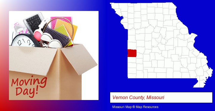 moving day; Vernon County, Missouri highlighted in red on a map