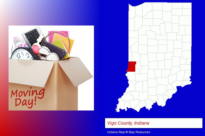 moving day; Vigo County, Indiana highlighted in red on a map