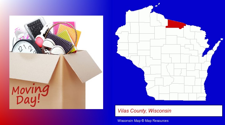 moving day; Vilas County, Wisconsin highlighted in red on a map