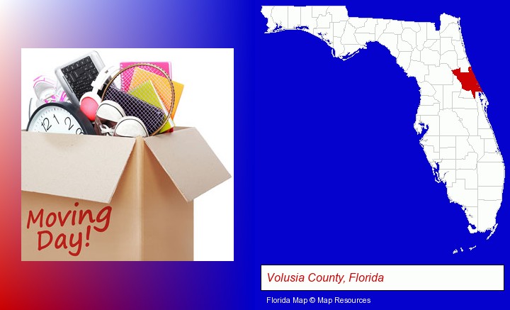 moving day; Volusia County, Florida highlighted in red on a map