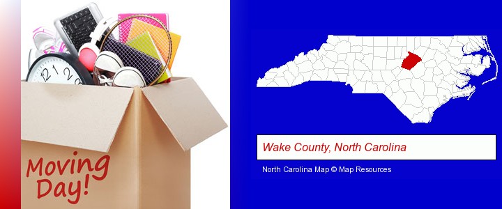 moving day; Wake County, North Carolina highlighted in red on a map