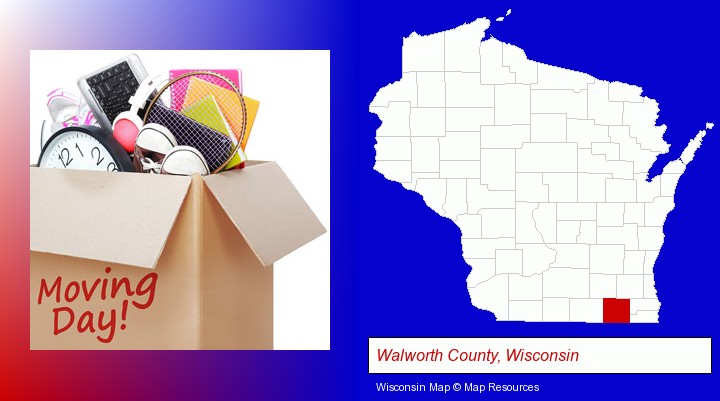 moving day; Walworth County, Wisconsin highlighted in red on a map