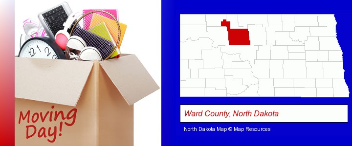 moving day; Ward County, North Dakota highlighted in red on a map