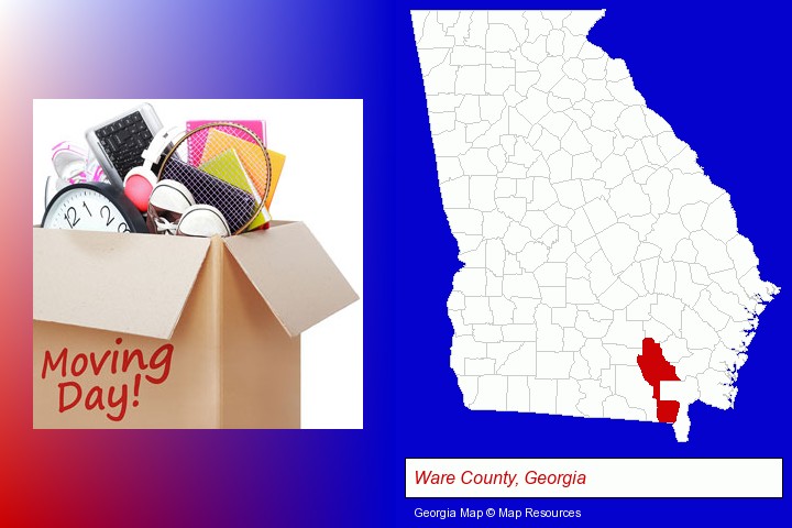 moving day; Ware County, Georgia highlighted in red on a map