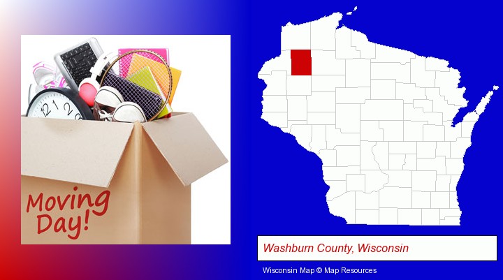 moving day; Washburn County, Wisconsin highlighted in red on a map