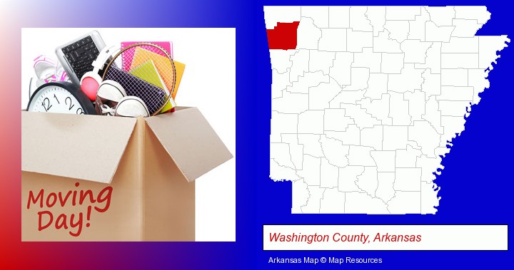 moving day; Washington County, Arkansas highlighted in red on a map