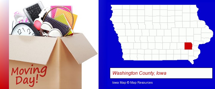moving day; Washington County, Iowa highlighted in red on a map