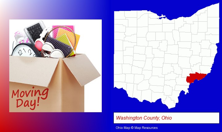 moving day; Washington County, Ohio highlighted in red on a map