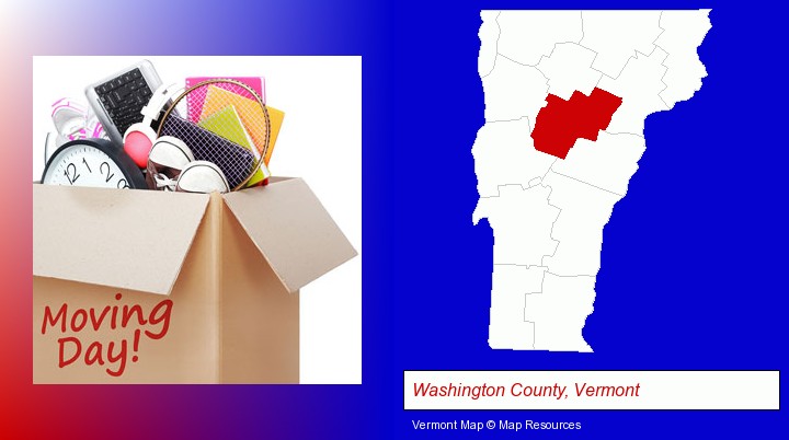 moving day; Washington County, Vermont highlighted in red on a map