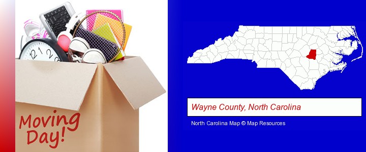 moving day; Wayne County, North Carolina highlighted in red on a map