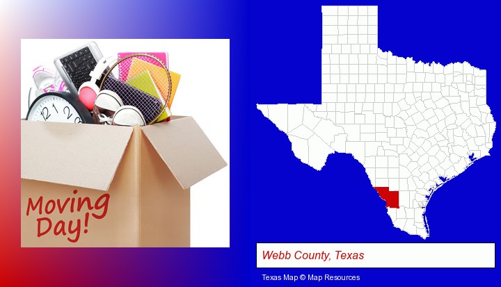 moving day; Webb County, Texas highlighted in red on a map