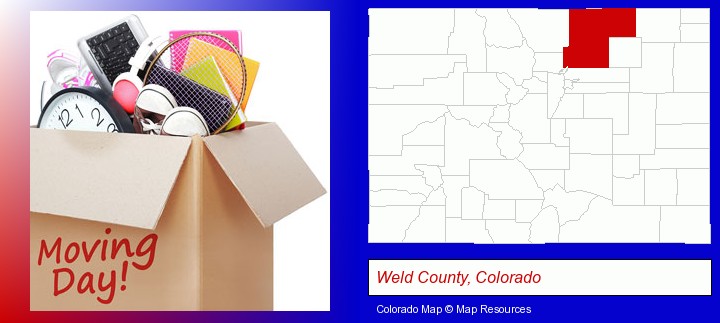 moving day; Weld County, Colorado highlighted in red on a map