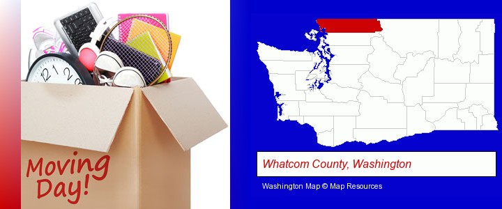 moving day; Whatcom County, Washington highlighted in red on a map