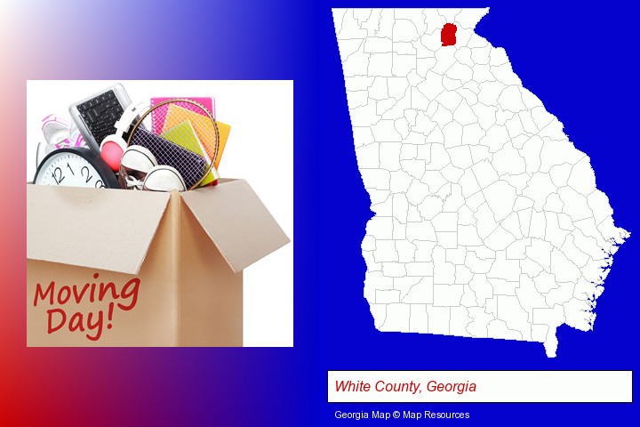 moving day; White County, Georgia highlighted in red on a map