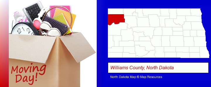 moving day; Williams County, North Dakota highlighted in red on a map