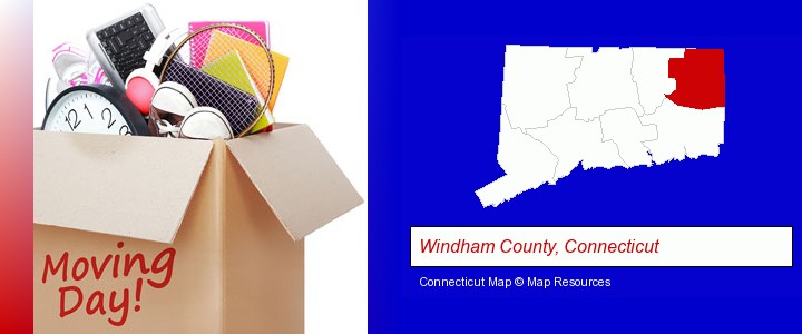 moving day; Windham County, Connecticut highlighted in red on a map