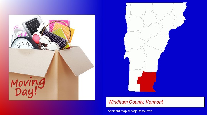 moving day; Windham County, Vermont highlighted in red on a map