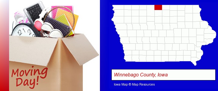 moving day; Winnebago County, Iowa highlighted in red on a map