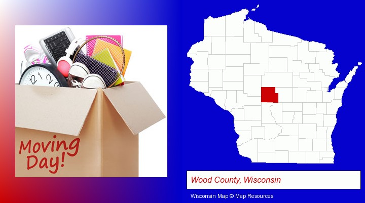 moving day; Wood County, Wisconsin highlighted in red on a map