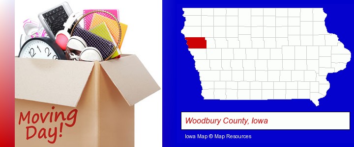 moving day; Woodbury County, Iowa highlighted in red on a map