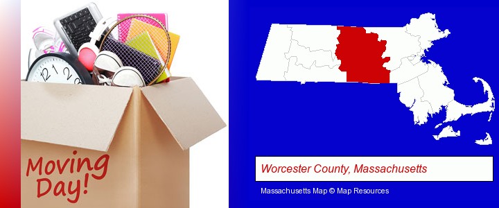 moving day; Worcester County, Massachusetts highlighted in red on a map