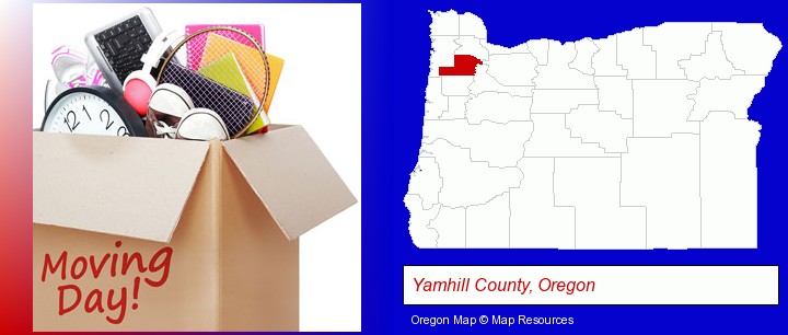 moving day; Yamhill County, Oregon highlighted in red on a map