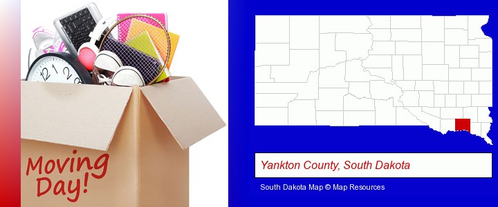 moving day; Yankton County, South Dakota highlighted in red on a map