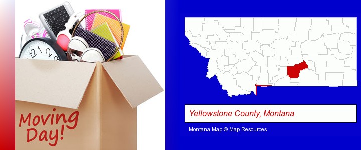 moving day; Yellowstone County, Montana highlighted in red on a map