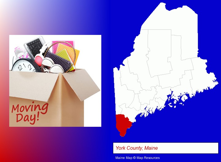 moving day; York County, Maine highlighted in red on a map