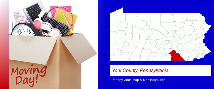 moving day; York County, Pennsylvania highlighted in red on a map