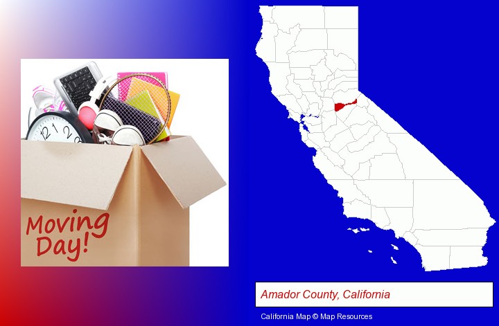 moving day; Amador County, California highlighted in red on a map
