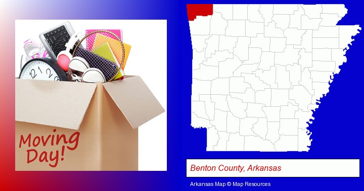 moving day; Benton County, Arkansas highlighted in red on a map