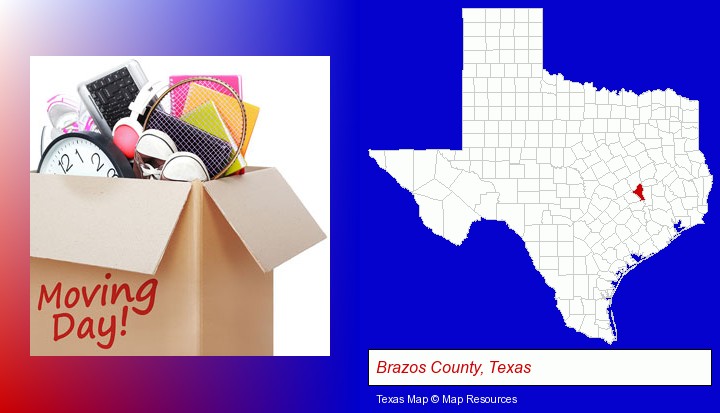 moving day; Brazos County, Texas highlighted in red on a map