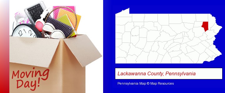 moving day; Lackawanna County, Pennsylvania highlighted in red on a map