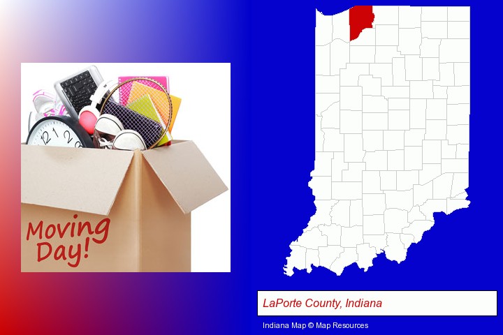 moving day; LaPorte County, Indiana highlighted in red on a map
