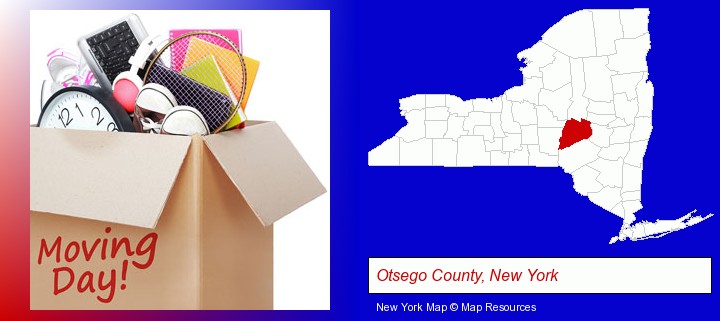 moving day; Otsego County, New York highlighted in red on a map