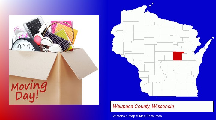 moving day; Waupaca County, Wisconsin highlighted in red on a map