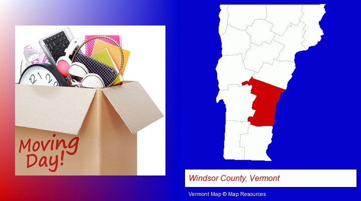 moving day; Windsor County, Vermont highlighted in red on a map